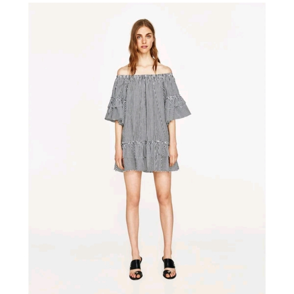 Zara Discontinued Elasticated Off the shoulder Striped Mini Dress Women's M